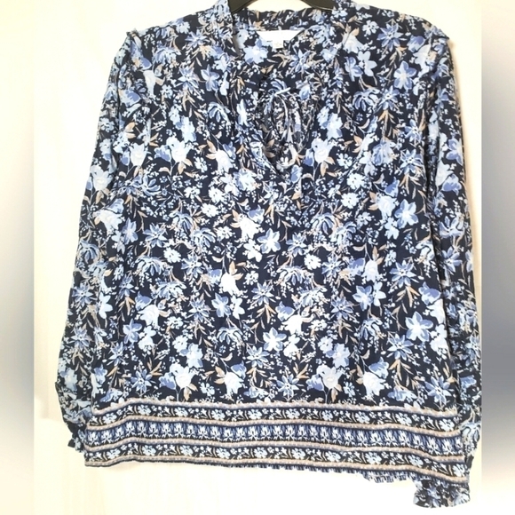 Time And Tru Blue Floral Boho Peasant Shirt Sz L - Picture 1 of 10